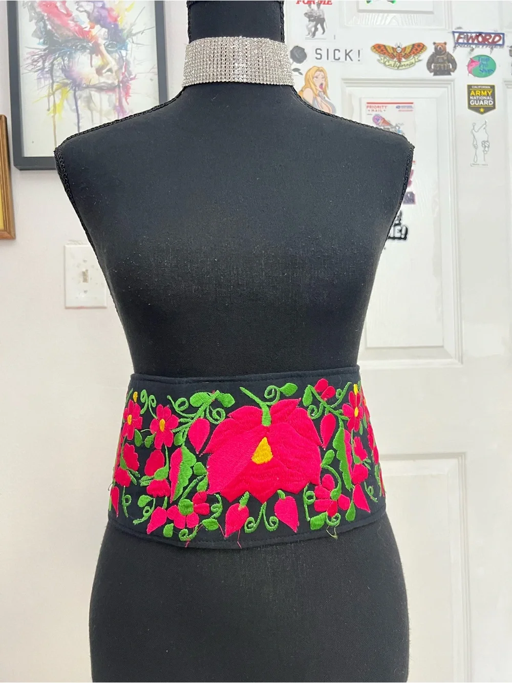 Embroidered Floral Waist Belt in Black with Pink & Green